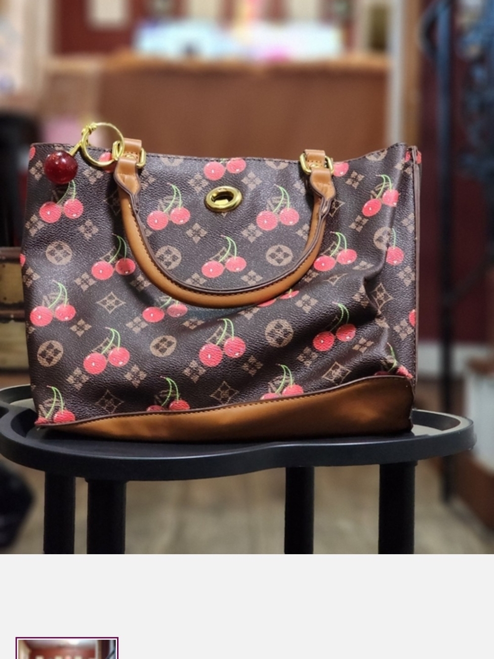 Designer-Style Cherry Print Brown Tote Bag